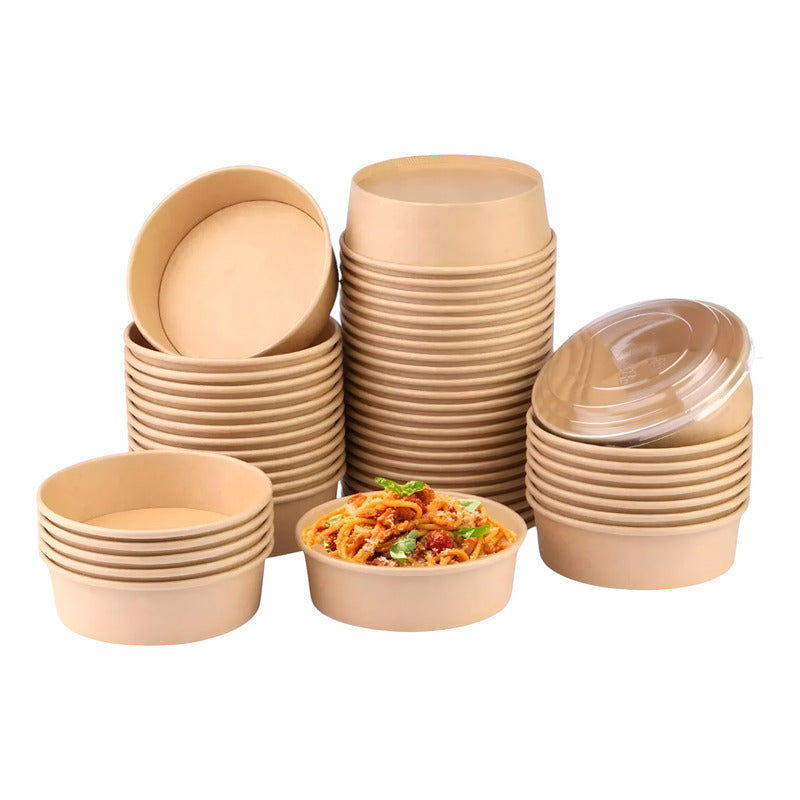 100 Bowls Plastico Bowl Con Tapa Bowl Kraft Envases 1300cc Beige