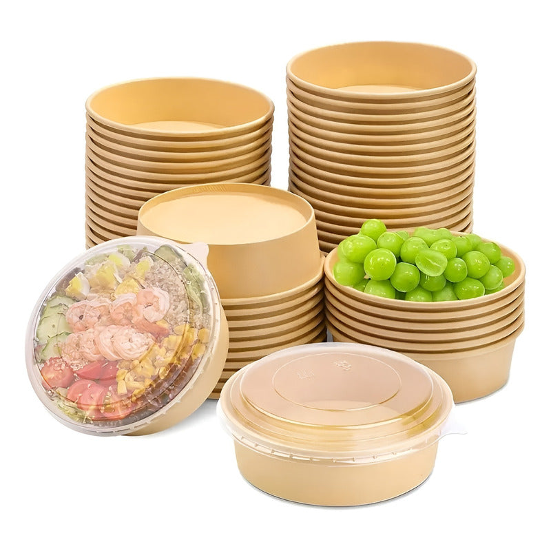 50 Bowl Con Tapa Bowls Plastico Envases Bowl Kraft 1300 Cc Beige / Bowl Con Tapa 1300cc