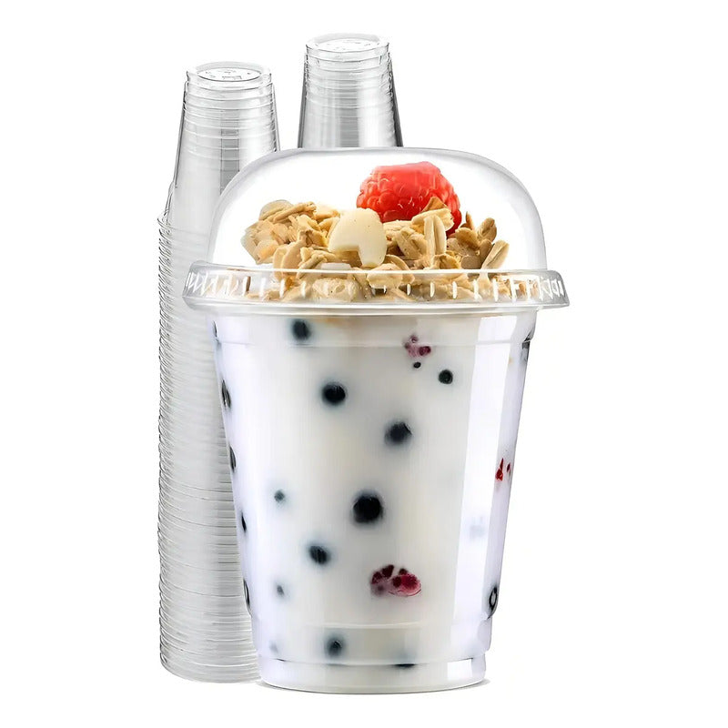 50 Vaso Desechable Plastico Vasos Tapa Domo Con Hoyo 12oz Trasparente