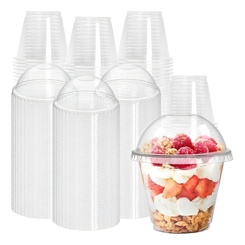 X100 Vasos Plasticos Desechables Vaso Tapa Domo Sin Hoyo 9oz Transparente