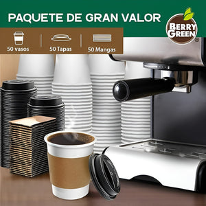 100 Vasos Polipapel Vasos Para Cafe C/tapa+manga 296ml/ 10oz