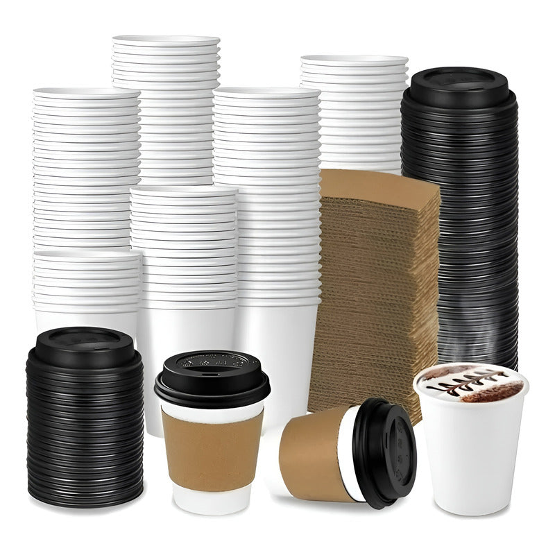 200 Vasos Polipapel Vasos Para Cafe C/tapa+manga 296ml/10oz Blanco / Vaso 10oz