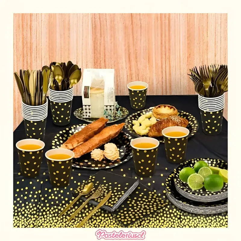 Set Vajilla Para Celebración Decoración 111pcs Kit Cumpleaños Vasos Platos Servilletas Decoraciones De Fiesta De... Negro Lunares