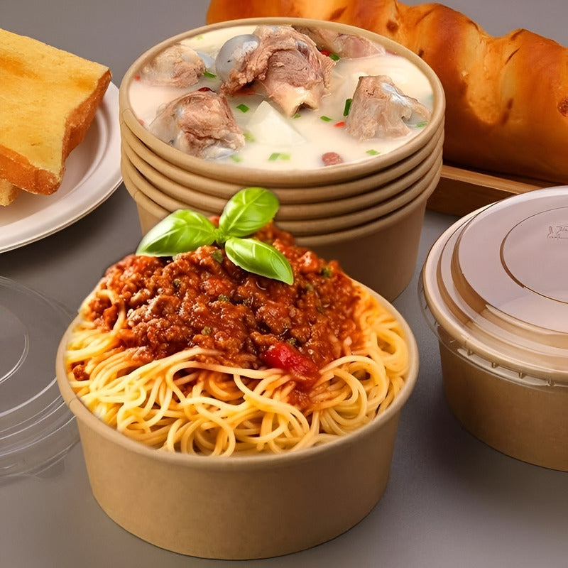 50 Bowl Con Tapa Bowls Plastico Polipapel Kraft Envase 500cc