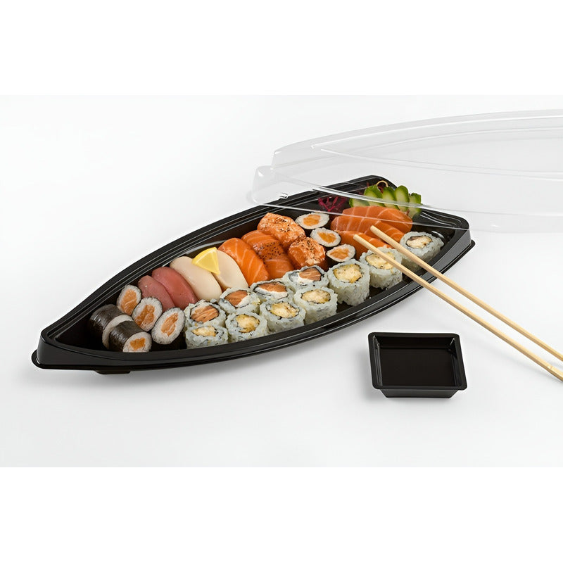 100 Envases Barcos De Sushi Bandeja C/tapa Barco Para Sushi Negro / Envase Para Sushi Sin Divisiones