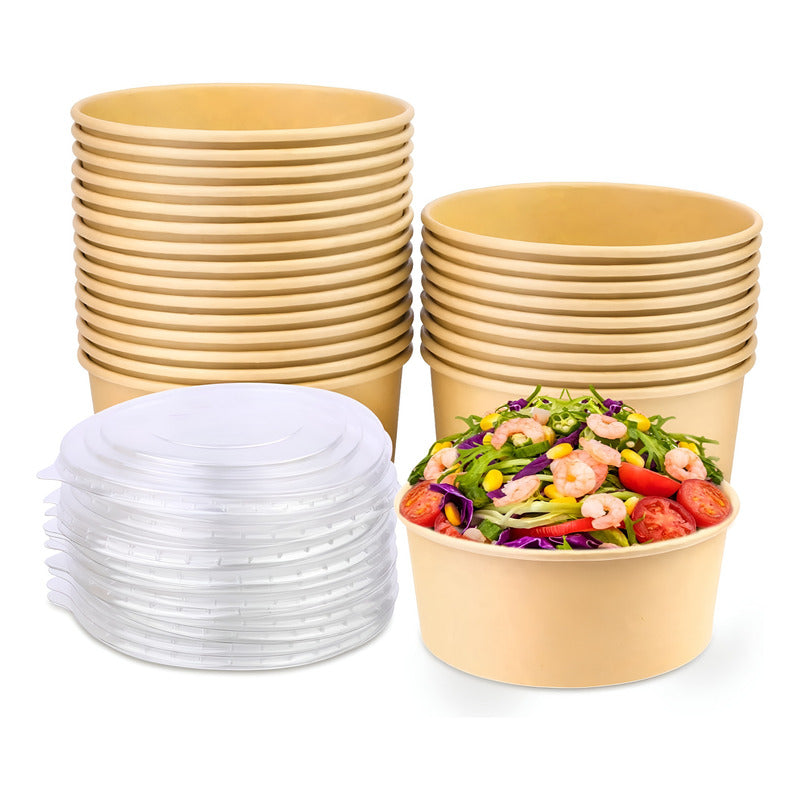 50 Bowl Con Tapa Bowls Plastico Bowl Kraft Envases 1000 Cc Beige