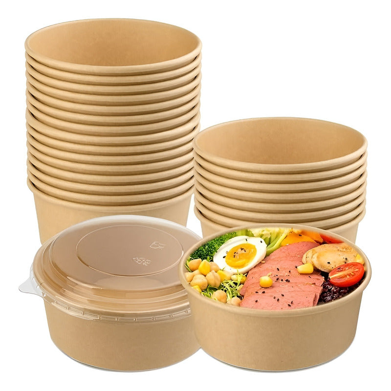 50 Bowls Plastico Bowl Con Tapa Envases Bowl Kraft 750 Cc Beige / Bowl Con Tapa 750cc