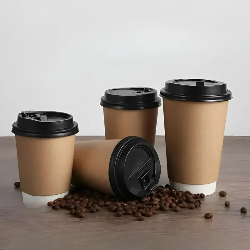 25 Vasos Desechables Vaso Cafe Kraft Doble Pared C/tapa 12oz Color Marrón Claro / Vaso Kraft Doble Pared 12oz