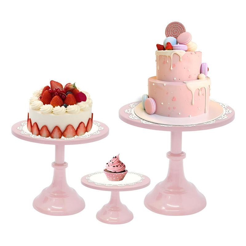 Set 3 Porta Tortas Base Para Tortas Porta Cupcake Exhibicion Rosa