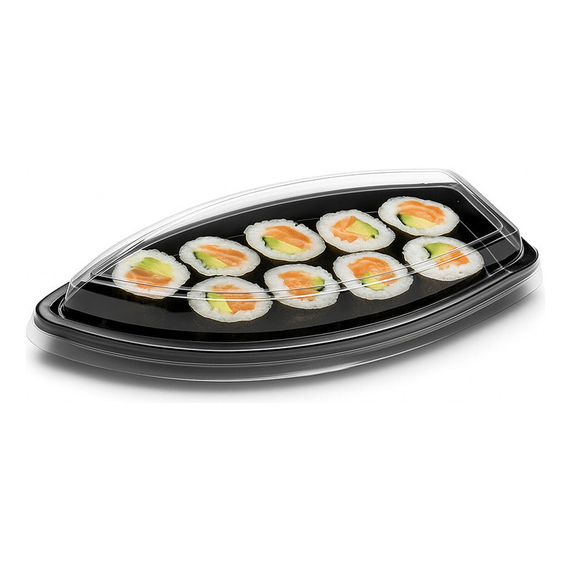 100 Envases Barcos De Sushi Bandeja C/tapa Barco Para Sushi Negro / Envase Para Sushi Sin Divisiones