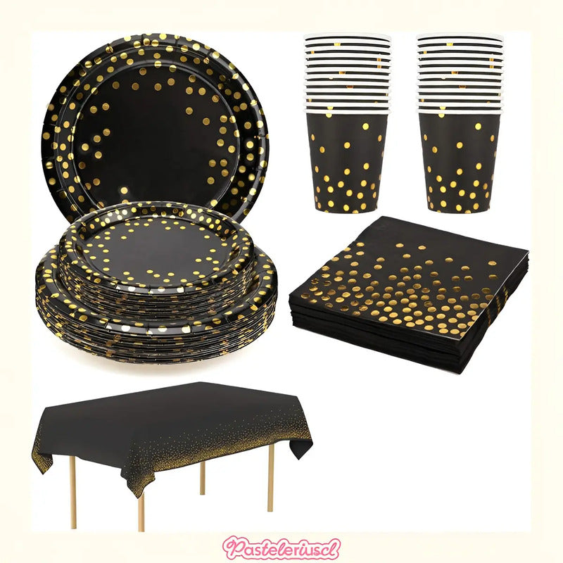 Set Vajilla Para Celebración Decoración 111pcs Kit Cumpleaños Vasos Platos Servilletas Decoraciones De Fiesta De... Negro Lunares