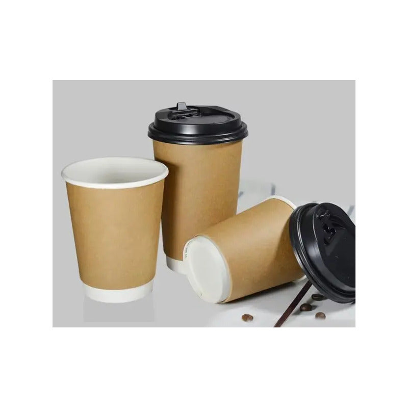 25 Vasos Desechables Vaso Cafe Kraft Doble Pared C/tapa 12oz Color Marrón Claro / Vaso Kraft Doble Pared 12oz