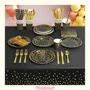 111 Kit Cumpleaños Vasos Plato Servilleta Desechables Negro Negro/ Lunares Dorado