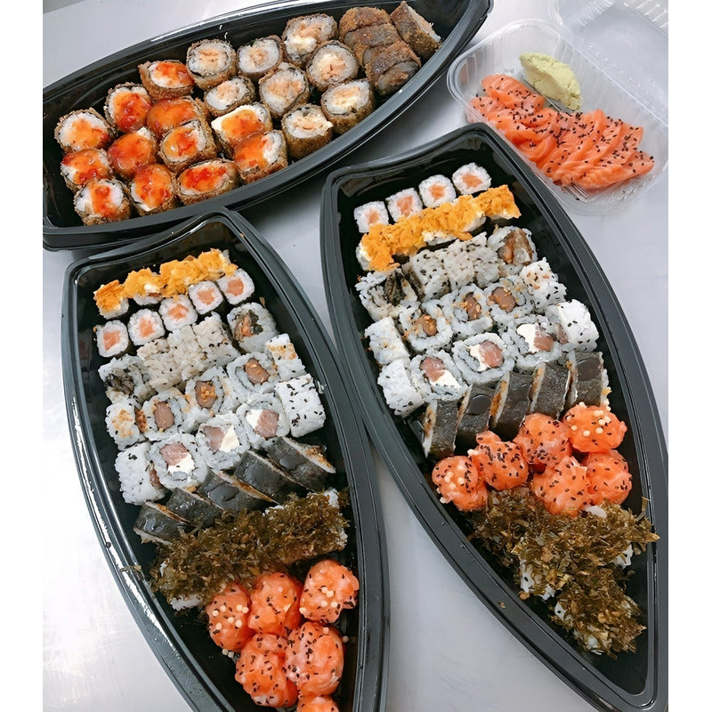 100 Envases Barcos De Sushi Bandeja C/tapa Barco Para Sushi Negro / Envase Para Sushi Sin Divisiones