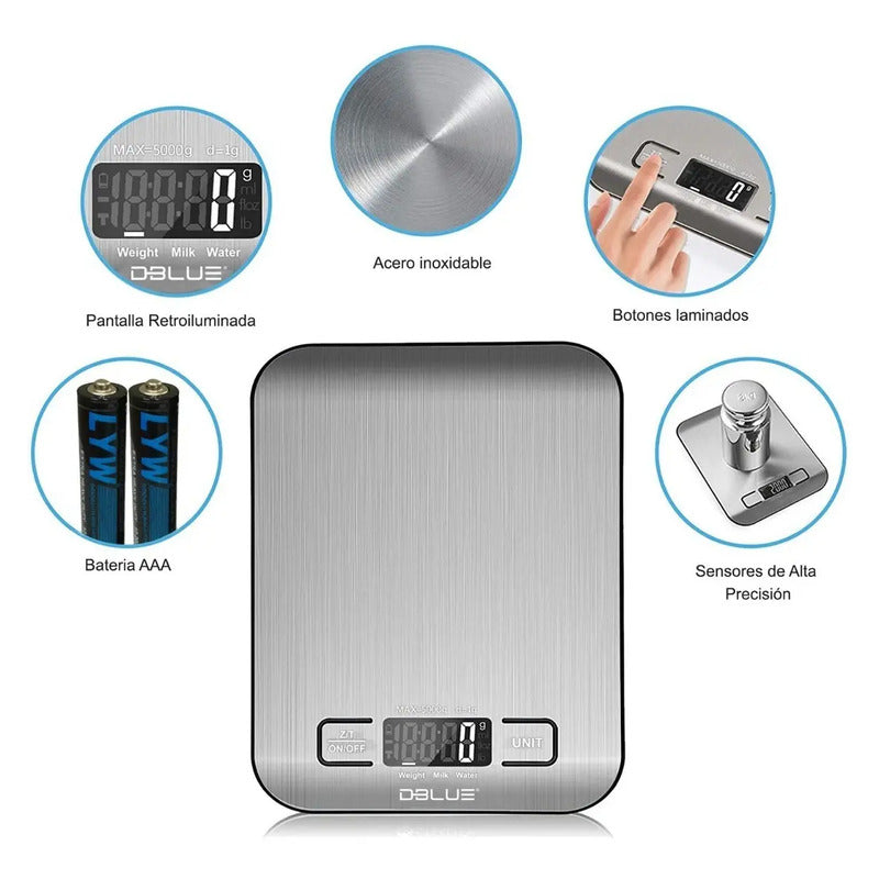 Balanza Digital Cocina Dblue 5kg Acero Inoxidable Modelo Dbpdws44 Gris