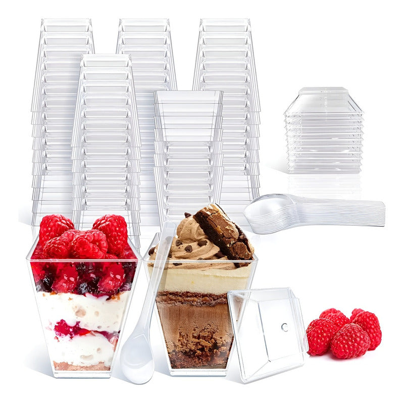 50 Set De Vasos Shot Postres Con Tapa 50 Cucharas Acrílico Transparente 046