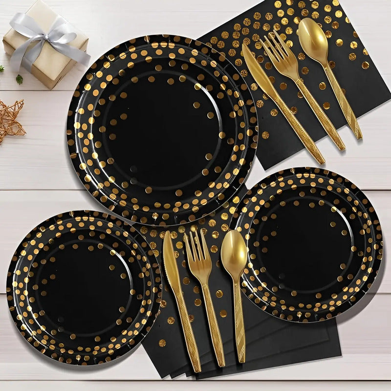 111 Vajilla De Cumpleaños Servilleta Platos Vaso Desechables Negro/ Lunares Dorado