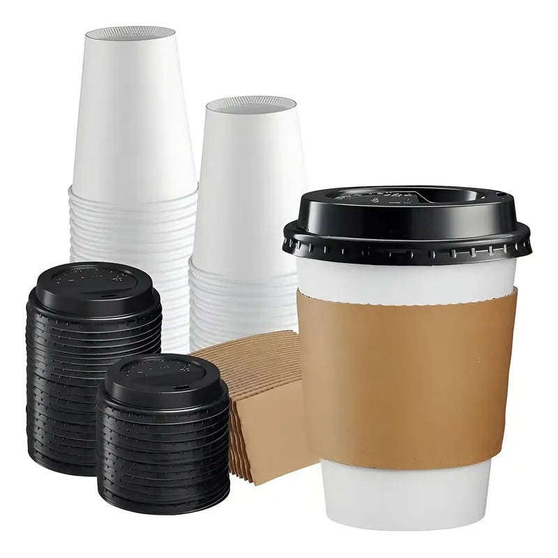 Vaso Cafe Kraft Vasos Polipapel Vaso C/tapa+manga 150und 8oz Termico Polipapel Vaso Con Tapa Kraft Vaso De Café... Blanco