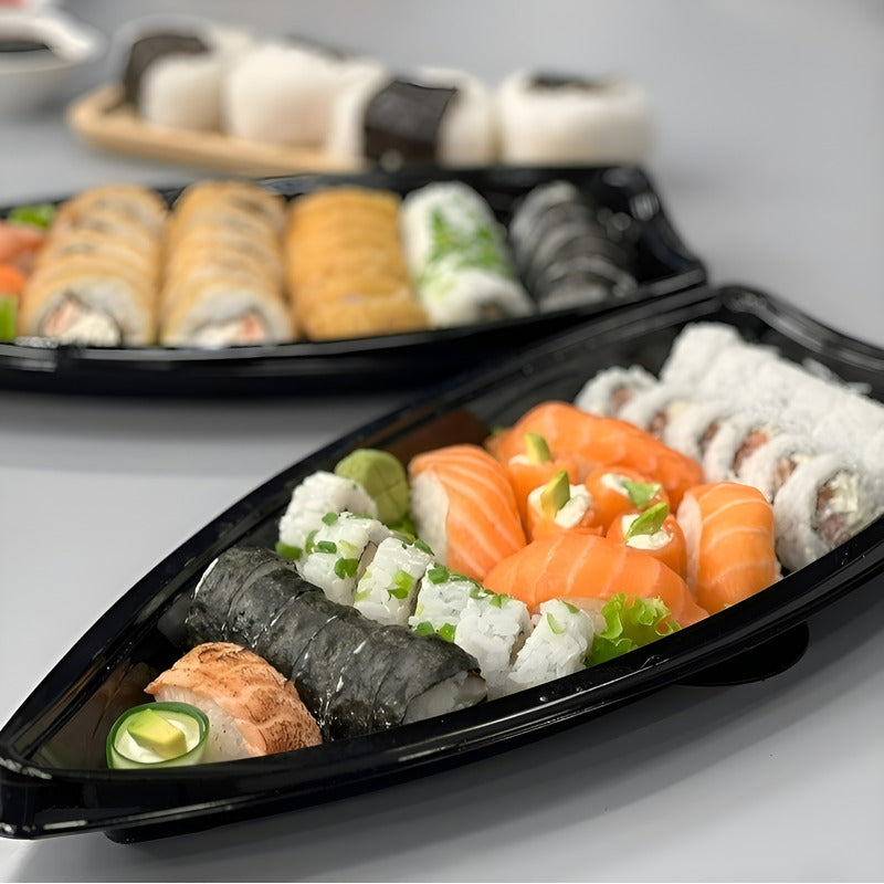 100 Envases Barcos De Sushi Bandeja C/tapa Barco Para Sushi Negro / Envase Para Sushi Sin Divisiones