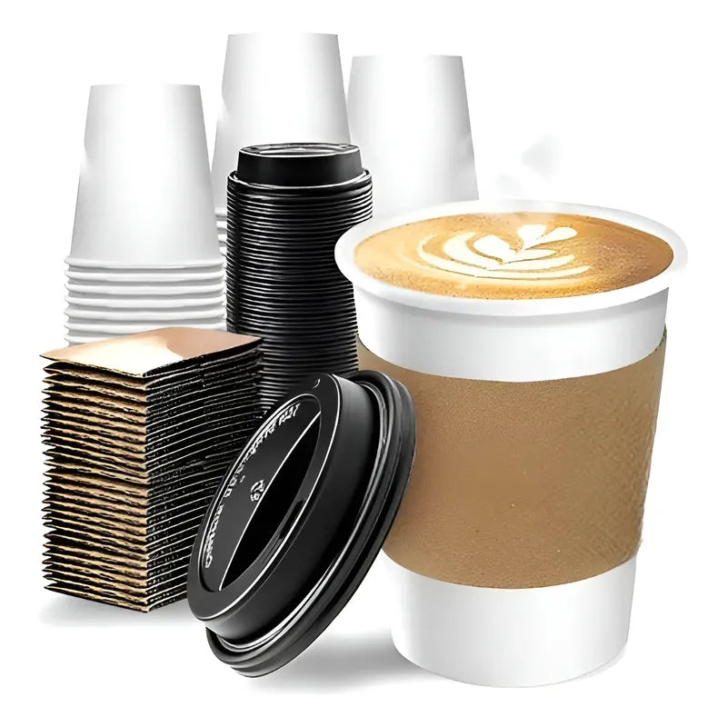 200 Vasos Para Cafe Vasos Polipapel C/tapa Manga 10oz 296ml Vasos Desechables Café Vasos Para Cafe Desechable Con Tapa Kraft Vaso Desechable Café Térmico Polipapel Blanco Pasteleriuscl