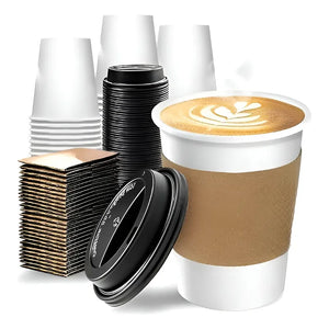 200 Vasos Para Cafe Vasos Polipapel C/tapa Manga 10oz 296ml Vasos Desechables Café Vasos Para Cafe Desechable Con Tapa Kraft Vaso Desechable Café Térmico Polipapel Blanco Pasteleriuscl