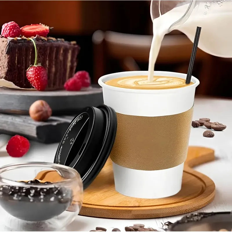 150 Vasos Para Cafe Vasos Polipapel C/tapa+manga 10oz/ 296ml Vasos Desechables Café Vasos Para Cafe Desechable Con Tapa... Blanco / Vaso 10oz