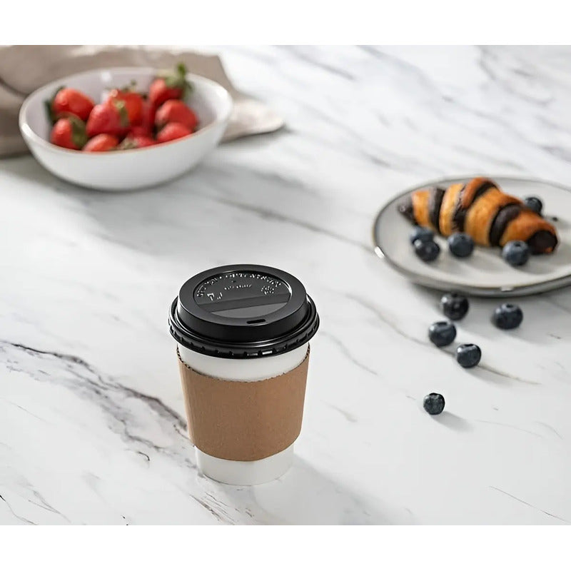 Vaso Cafe Kraft Vasos Polipapel Vaso C/tapa+manga 150und 8oz Termico Polipapel Vaso Con Tapa Kraft Vaso De Café... Blanco