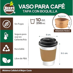 50 Vasos Para Cafe Vasos Polipapel C/tapa+manga 10oz/ 296ml Vasos Desechables Café Vasos Para Cafe Desechable Con Tapa Kraft Vaso Desechable Café Térmico Polipapel Blanco Pasteleriuscl