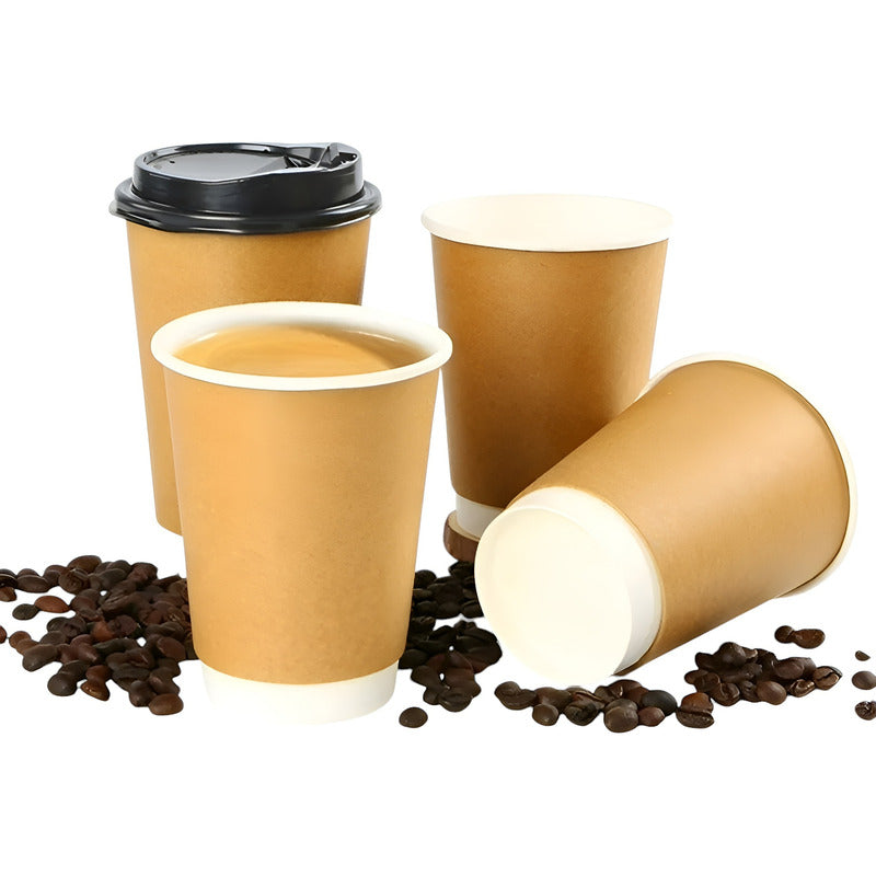 50 Vasos Cafe Kraft Vaso Desechables Doble Pared C/tapa 12oz Marrón Claro / Vaso Kraft Doble Pared 12oz