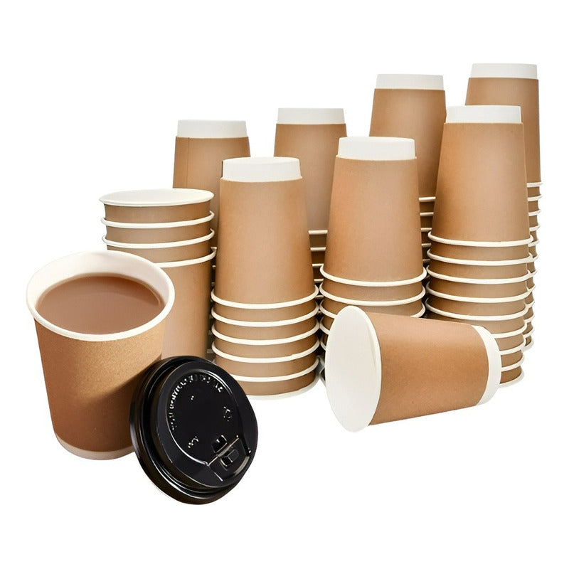 Set 100 Vasos Desechables Kraft Vaso Doble Pared C/tapa 8oz Marrón Claro / Vaso Kraft Doble Pared 8oz