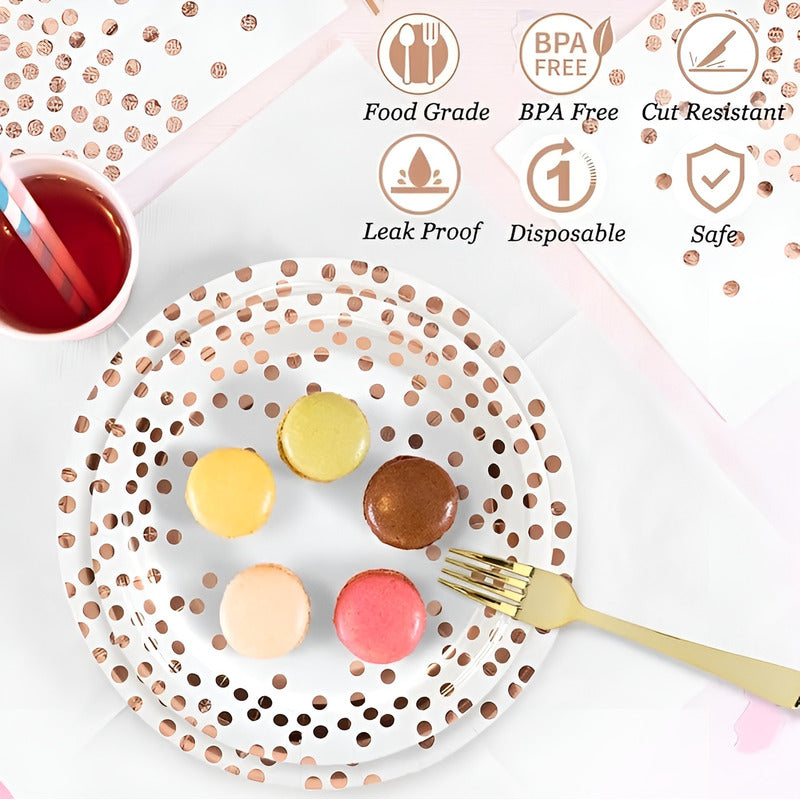 110 Vajilla De Cumpleaños Vasos Servilleta Plato Desechables Blanco / Lunares Dorado