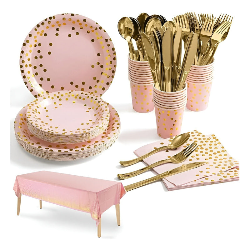 X110 Kit Cumpleaños Vasos Servilletas Platos Desechables Rosa/ Lunares Dorado