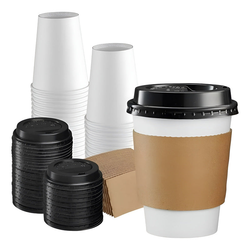 100 Vasos Polipapel Vasos Para Cafe C/tapa+manga 296ml/ 10oz Blanco / Vaso 10oz