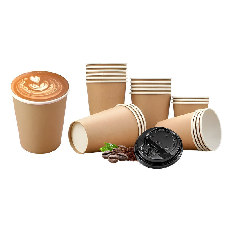 X200 Vasos Para Cafe Vaso Liso Polipapel Kraft C/tapa 8oz Marrón Claro / Vaso Kraft Liso 8oz