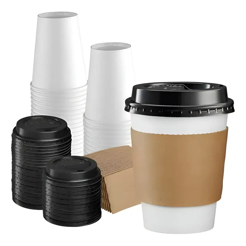 100 Vasos Polipapel Vasos Para Cafe C/tapa+manga 296ml/ 10oz Vasos Para Cafe Desechable Con Tapa Kraft Vaso Desechable... Blanco / Vaso 10oz