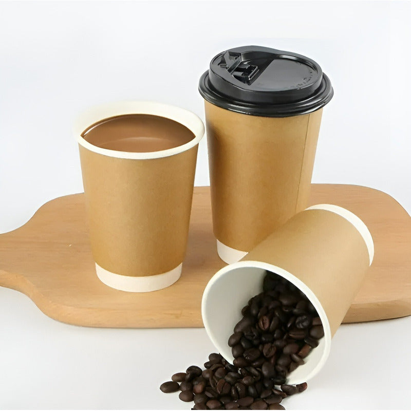 Set 100 Vasos Desechables Kraft Vaso Doble Pared C/tapa 8oz Marrón Claro / Vaso Kraft Doble Pared 8oz