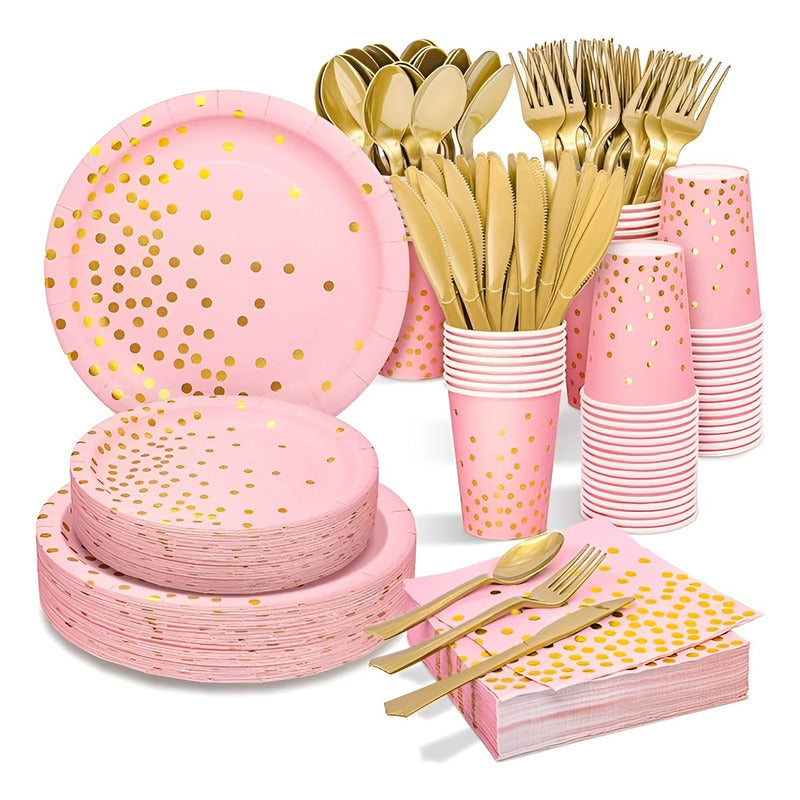 X110 Kit Cumpleaños Vasos Servilletas Platos Desechables Rosa/ Lunares Dorado