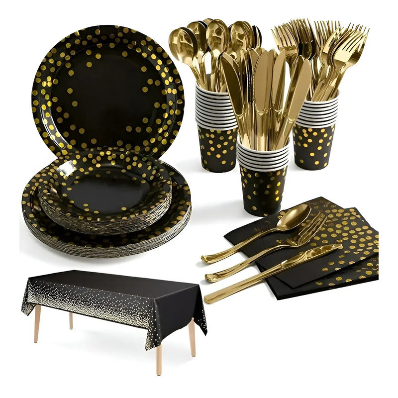 Set Vajilla Para Celebración Decoración 111pcs Kit Cumpleaños Vasos Platos Servilletas Decoraciones De Fiesta De... Negro Lunares