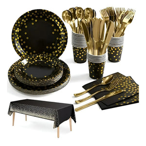 Set Vajilla Para Celebración Decoración 111pcs Kit Cumpleaños Vasos Platos Servilletas Decoraciones De Fiesta De... Negro Lunares