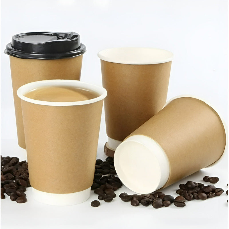 Pack X200 Vaso Desechables Vaso Kraft Doble Pared C/tapa 8oz Marrón Claro / Vaso Kraft Doble Pared 8oz