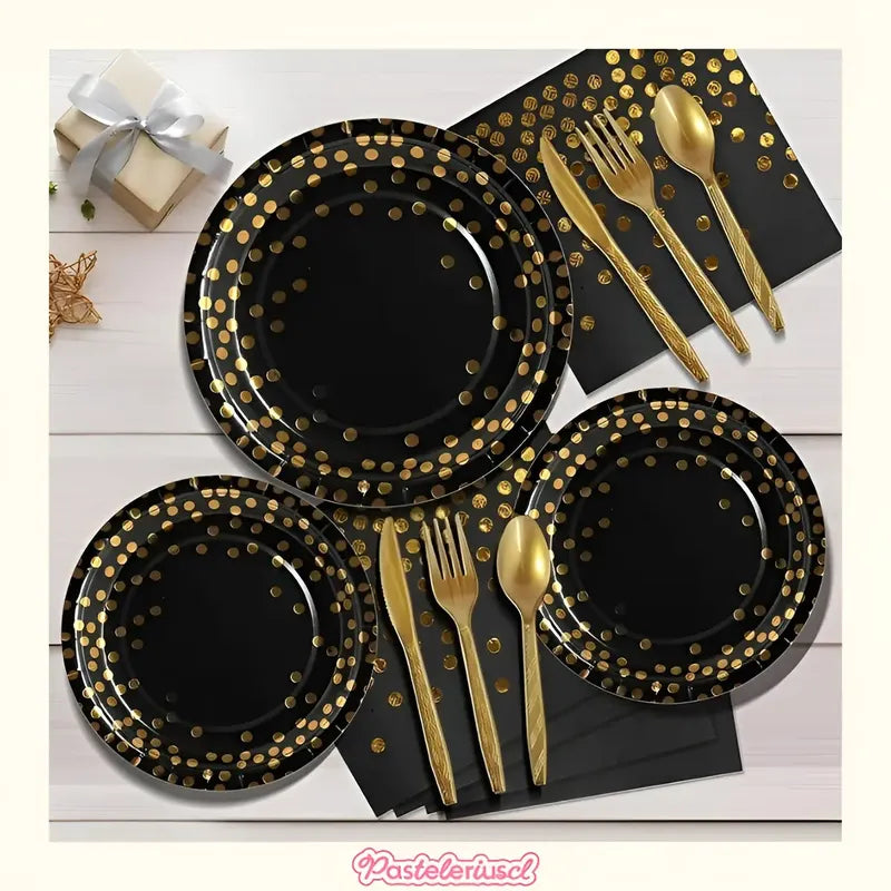 Set Vajilla Para Celebración Decoración 111pcs Kit Cumpleaños Vasos Platos Servilletas Decoraciones De Fiesta De... Negro Lunares