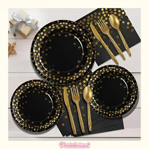 Set Vajilla Para Celebración Decoración 111pcs Kit Cumpleaños Vasos Platos Servilletas Decoraciones De Fiesta De... Negro Lunares