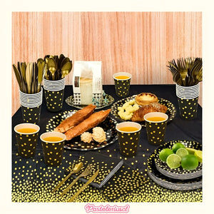Set Vajilla Desechable Para Celebración Decoración 111pcs Negro/ Lunares Dorado Lunares