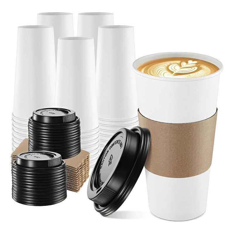 Vaso Cafe Polipapel Vasos Kraft Vaso C/tapa+manga 16oz 50und Blanco / Vaso 16oz