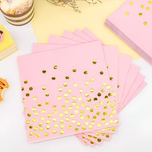 X110 Kit Cumpleaños Vasos Platos Servilletas Desechables Rosa/ Lunares Dorado