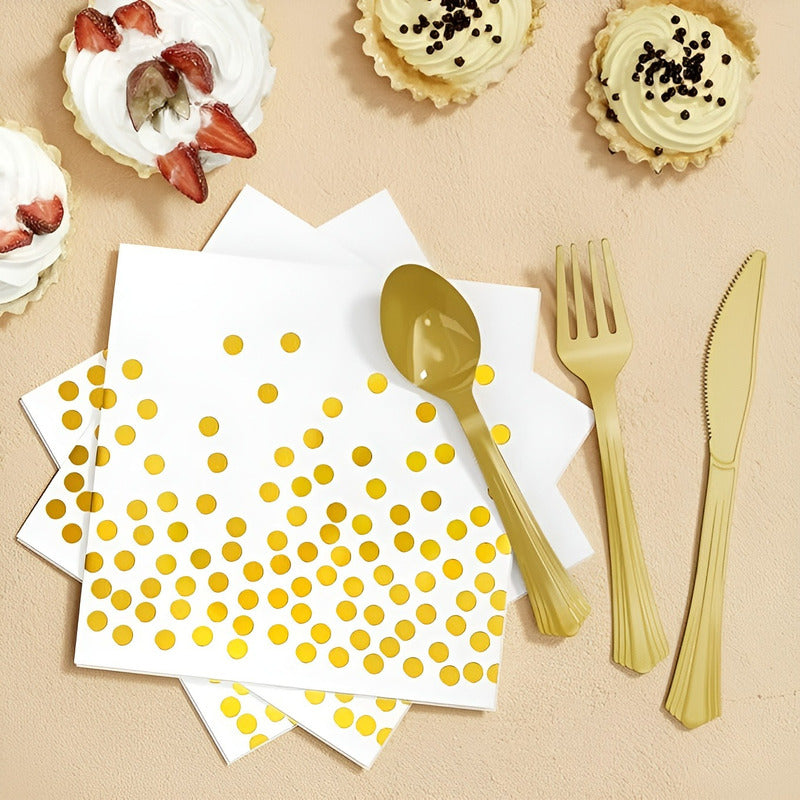 X110 Kit De Cumpleaños Vasos Platos Servilletas Desechables Blanco/ Lunares Dorado