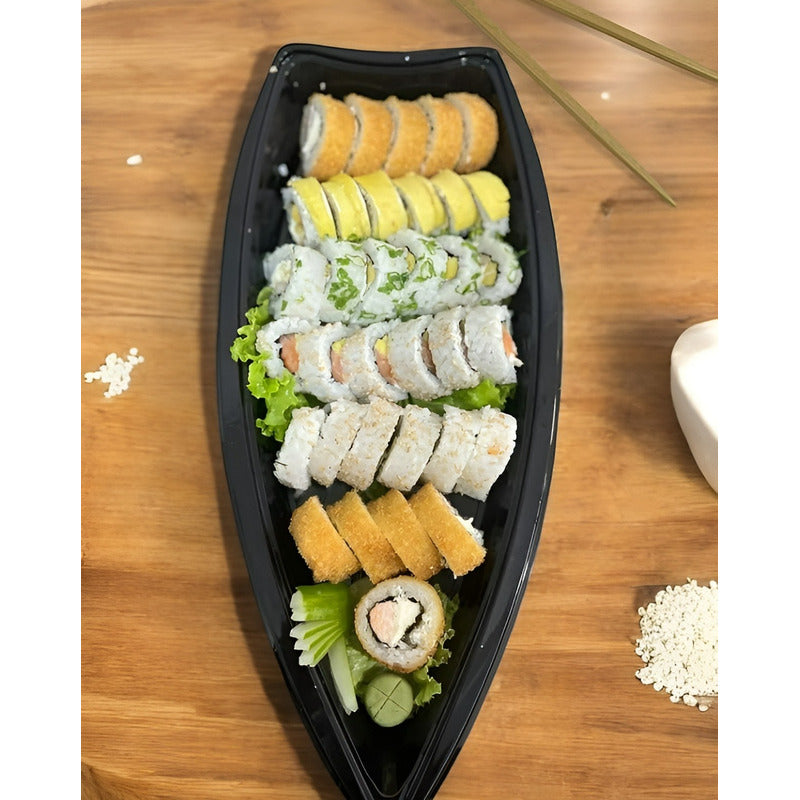 100 Envases Barcos De Sushi Bandeja C/tapa Barco Para Sushi Negro / Envase Para Sushi Sin Divisiones