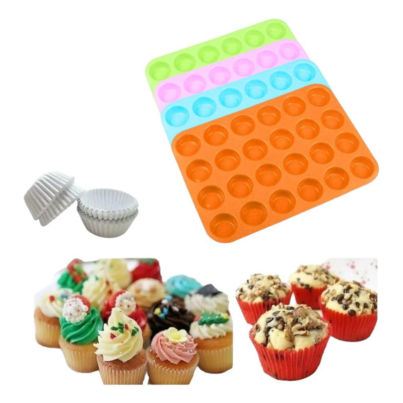 100 Capsulas Para Hornear 5cm + Molde Muffin Mini 24 Cupcake Multicolor