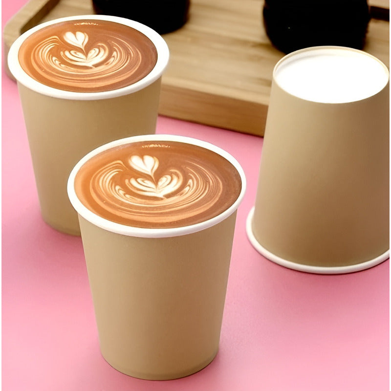 X200 Vasos Para Cafe Vaso Liso Polipapel Kraft C/tapa 8oz Marrón Claro / Vaso Kraft Liso 8oz