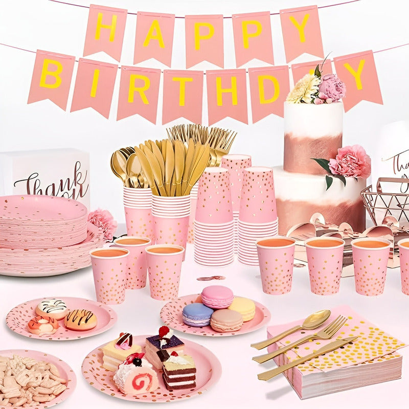 X110 Kit Cumpleaños Vasos Servilletas Platos Desechables Rosa/ Lunares Dorado